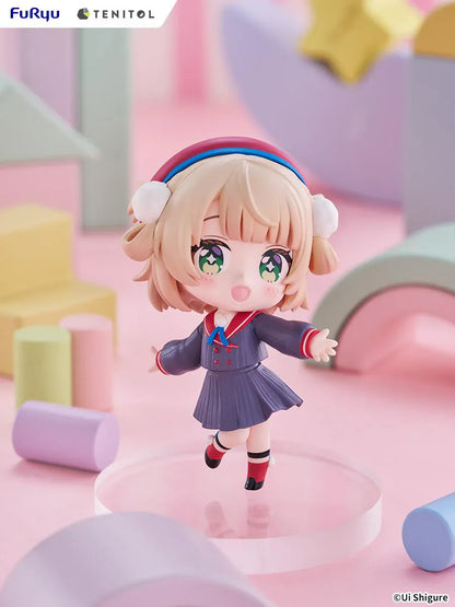 Ui Shigure Tenitol Mini Ui Shigure Figure with blonde hair, green eyes, earmuffs, school uniform outfit, cheerful pose, and round display base