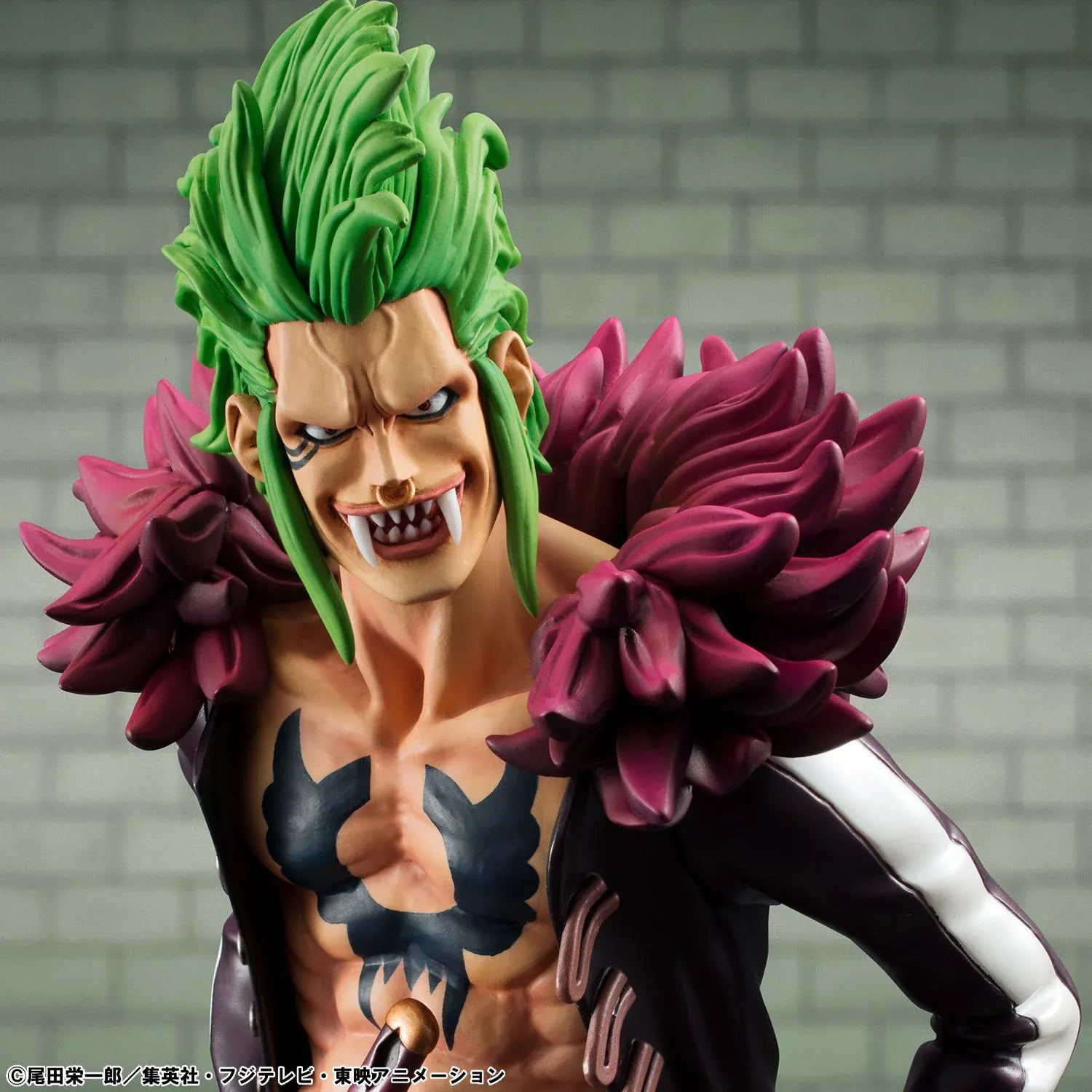 One Piece Portrait Of Pirates Limited Edition Bartolomeo the Cannibal figure with green hair, black coat, and checkered pants