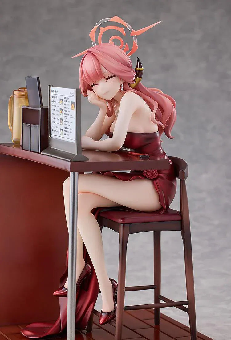 Blue Archive Aru Dress Memorial Lobby version 1/7 scale figure seated at bar counter in red dress
