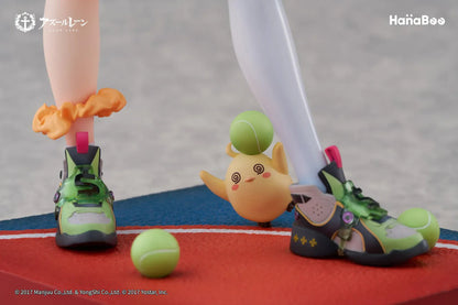 Azur Lane Bache Showy Sports Star Deluxe Ver. 1/6 Scale Figure featuring Bache in a tennis-inspired outfit with racket, tennis balls, display base, bonus artwork, and character can badge.