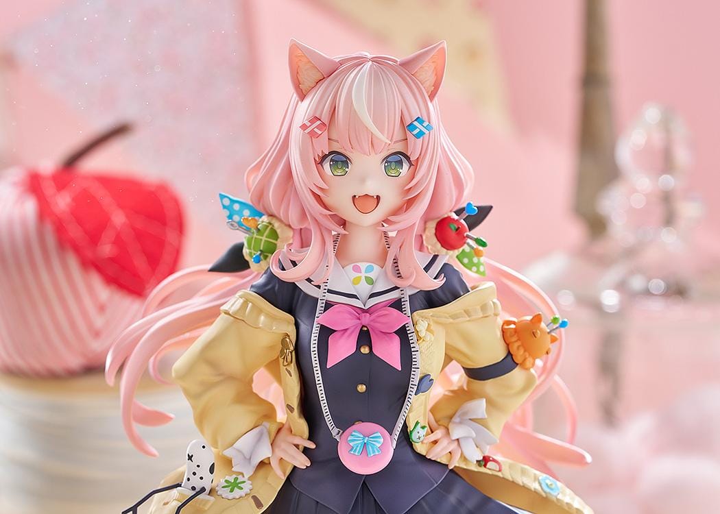 Nijisanji Yang Nari 1/7 scale figure with pink hair, cat ears, school uniform, and yellow coat standing in energetic pose