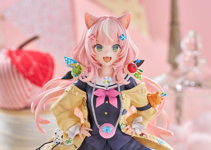 Nijisanji Yang Nari 1/7 scale figure with pink hair, cat ears, school uniform, and yellow coat standing in energetic pose
