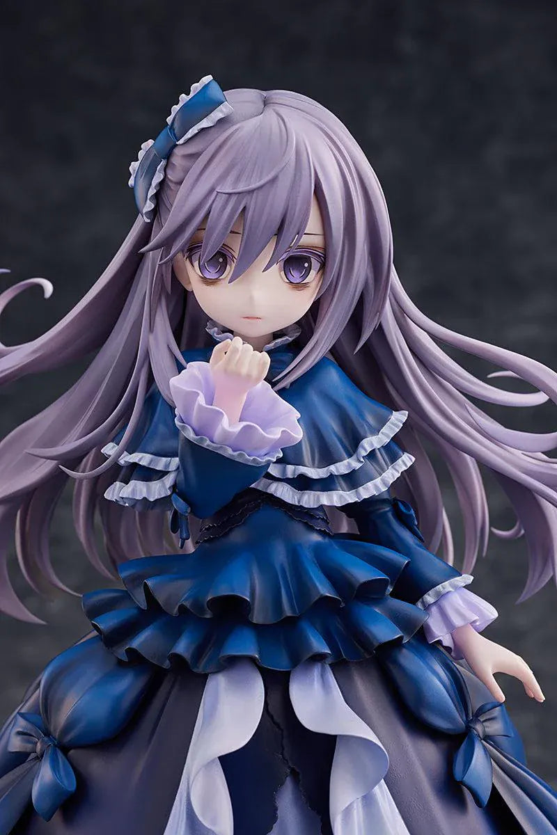 Yu-Gi-Oh! Monster Figure Collection Ghost Belle and Haunted Mansion 1/7 Scale Figure with lavender hair, dark blue gothic dress, layered ruffles, and clear display base