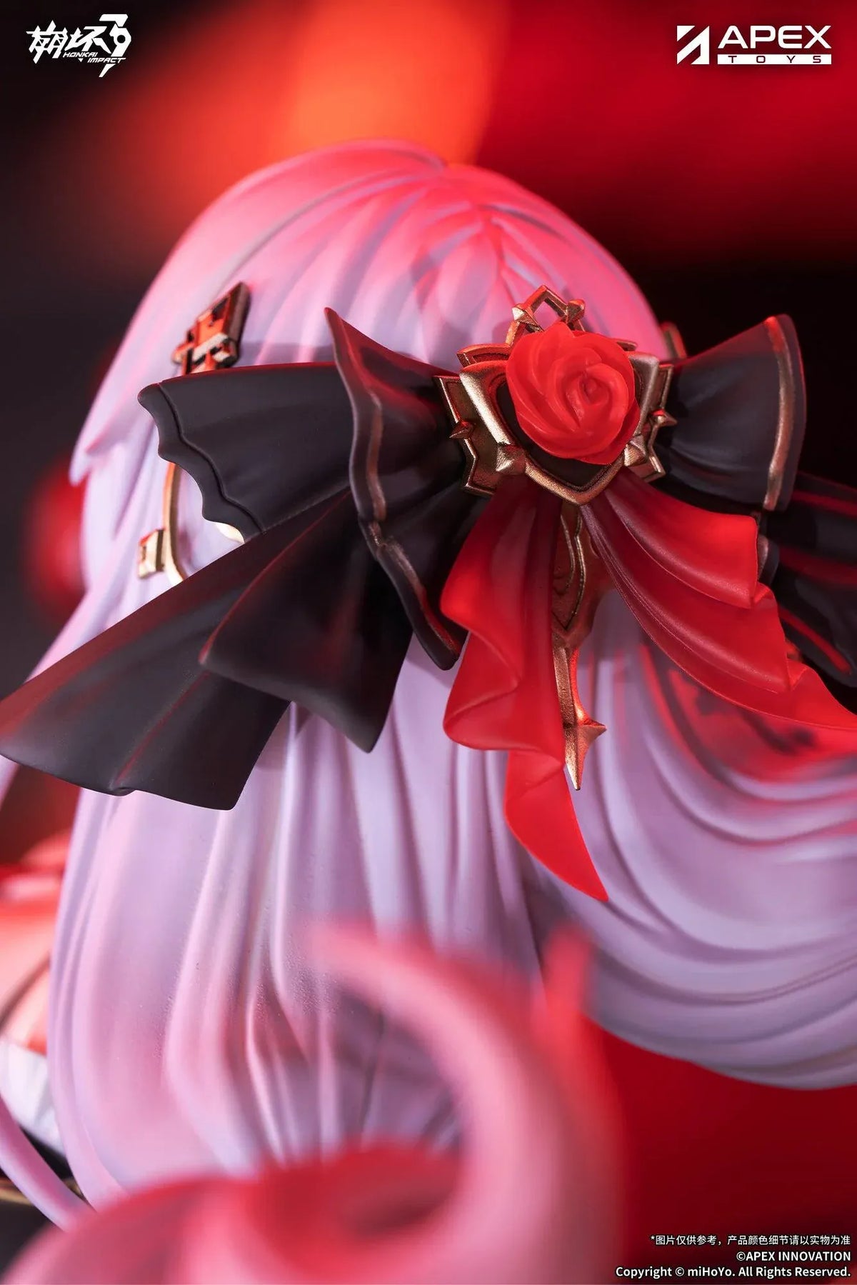 Honkai Impact 3rd Lunar Vow Crimson Love 1/7 scale figure with pale lavender hair, a black-and-red outfit, a small bat, and broken stonework.