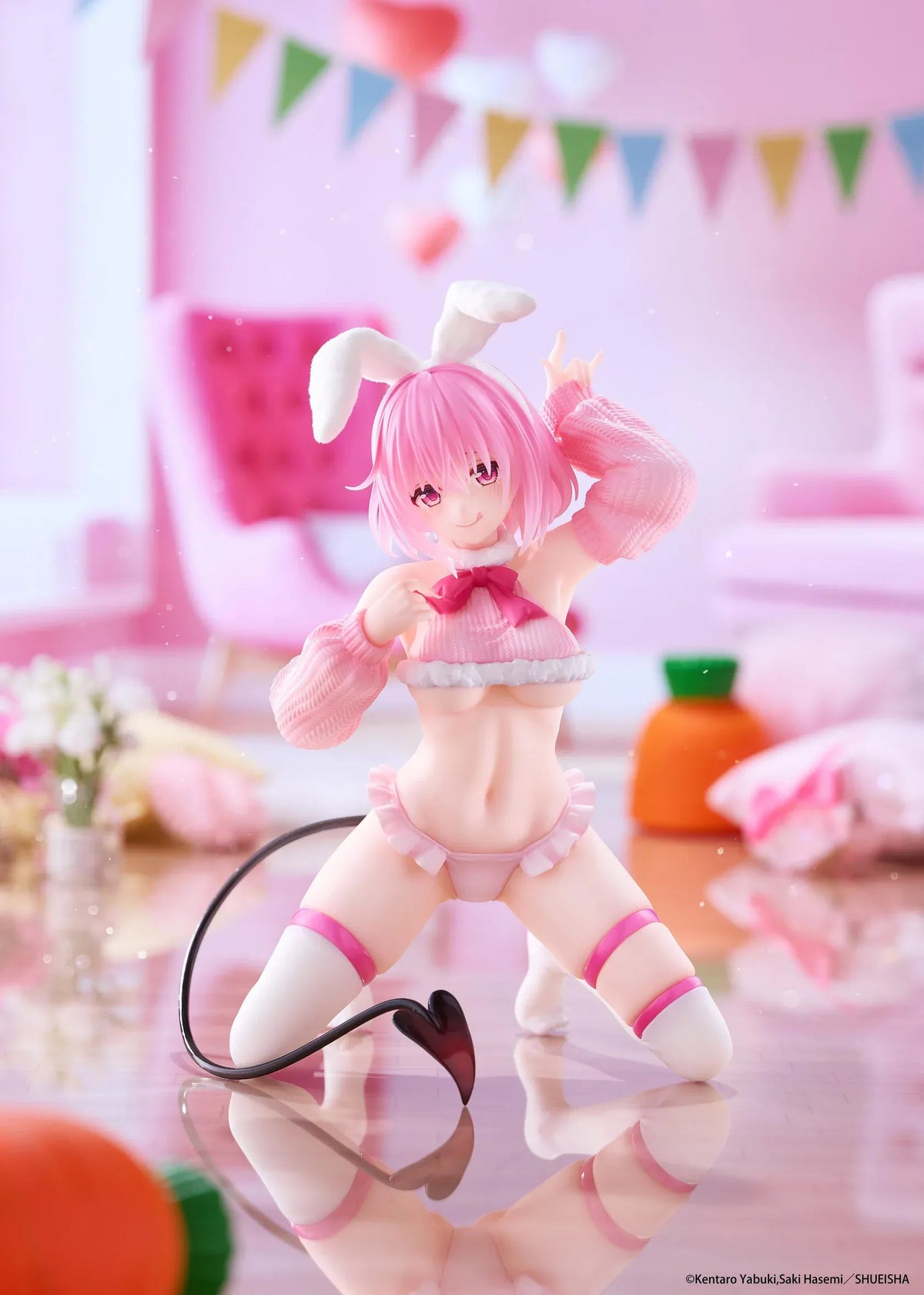 To Love-Ru Darkness MOFLOCK Momo Fluffy Bunny Ver. Figure featuring a pink-haired anime girl with pink eyes, white bunny ears, a pink fluffy bunny outfit, matching sleeves, white thigh-high stockings, and a black devil tail in a playful kneeling pose.