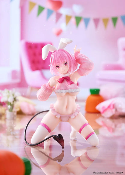 To Love-Ru Darkness MOFLOCK Momo Fluffy Bunny Ver. Figure featuring a pink-haired anime girl with pink eyes, white bunny ears, a pink fluffy bunny outfit, matching sleeves, white thigh-high stockings, and a black devil tail in a playful kneeling pose.