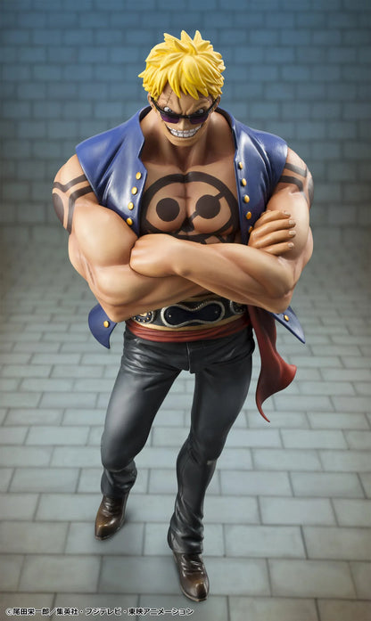 One Piece Portrait of Pirates Bellamy the Hyena Sailing Again Rerelease figure with blonde hair, blue vest, chest tattoo, black pants, and fierce pose
