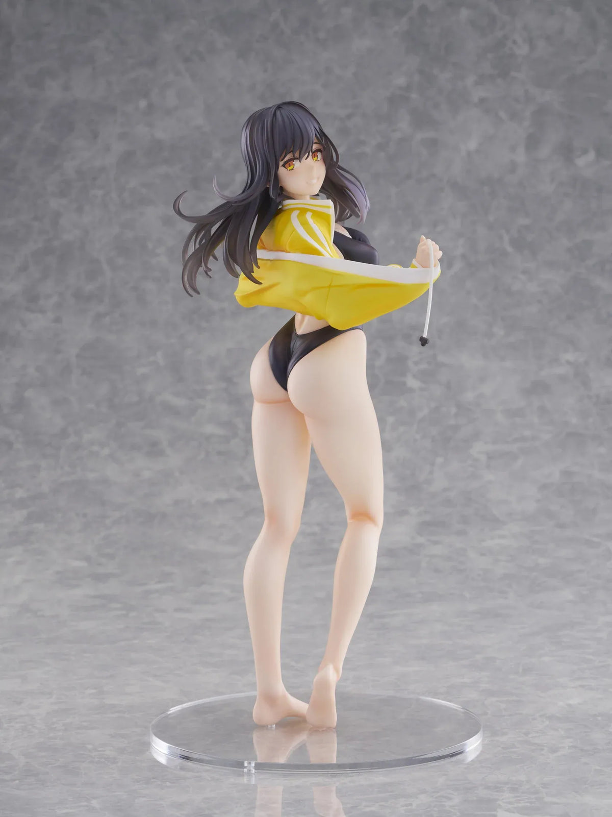 KoiKoi Sakura Kyou kara Suieibu Komon no Tama-chan Sensei 1/6 Scale Figure featuring a dark-haired anime woman with golden eyes wearing a black swimsuit, yellow athletic jacket, and white cap with a yellow brim, posing barefoot on a transparent circular base.