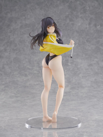 KoiKoi Sakura Kyou kara Suieibu Komon no Tama-chan Sensei 1/6 Scale Figure featuring a dark-haired anime woman with golden eyes wearing a black swimsuit, yellow athletic jacket, and white cap with a yellow brim, posing barefoot on a transparent circular base.