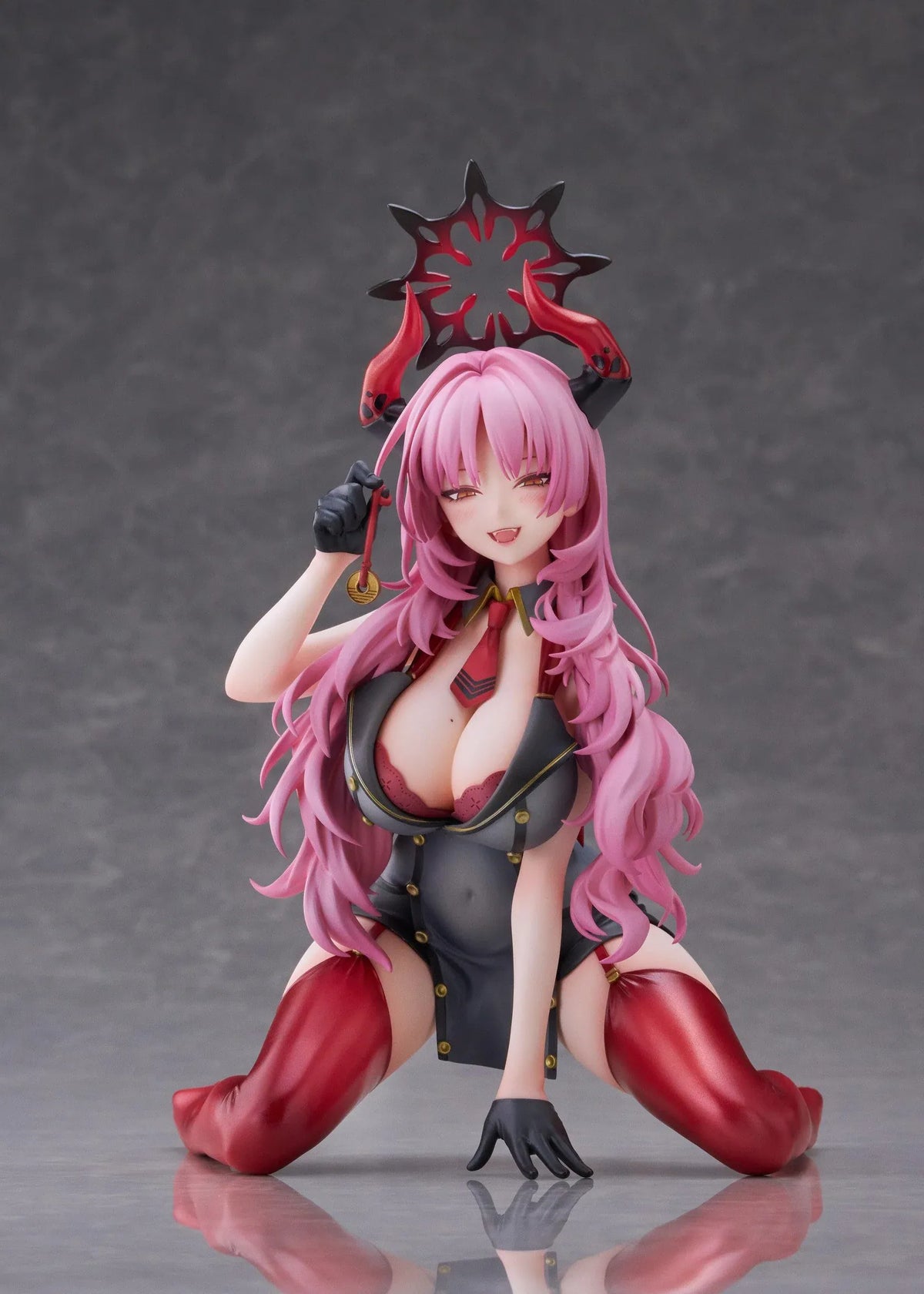 Blue Archive Satsuki Memorial Lobby 1/7 scale figure kneeling in a black-and-red outfit with flowing pink hair, horns, and a dark halo.