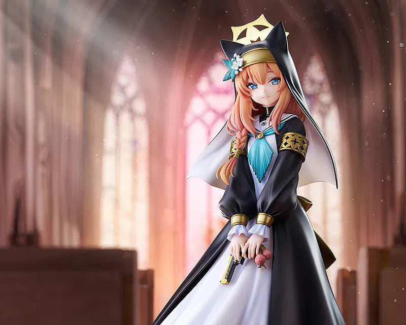 Blue Archive Mari 1/7 scale figure rerelease wearing a black-and-white nun-inspired dress with gold accents and peach-colored hair