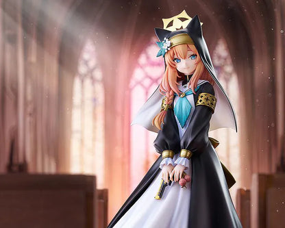 Blue Archive Mari 1/7 scale figure rerelease wearing a black-and-white nun-inspired dress with gold accents and peach-colored hair