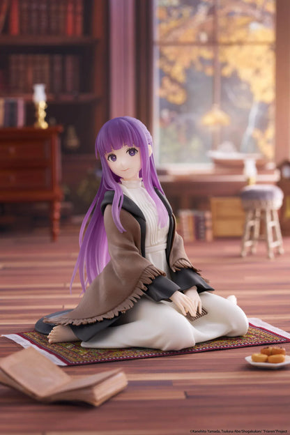 Frieren Beyond Journey's End Desktop Cute Fern Figure with purple hair wearing a shawl and white dress in a seated pose