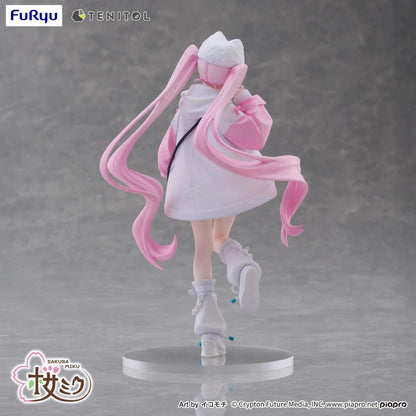 Vocaloid Tenitol Petit Sakura Miku Cool Style Figure featuring Sakura Miku in a pink and white hoodie outfit with twin-tails and a cat-shaped bag