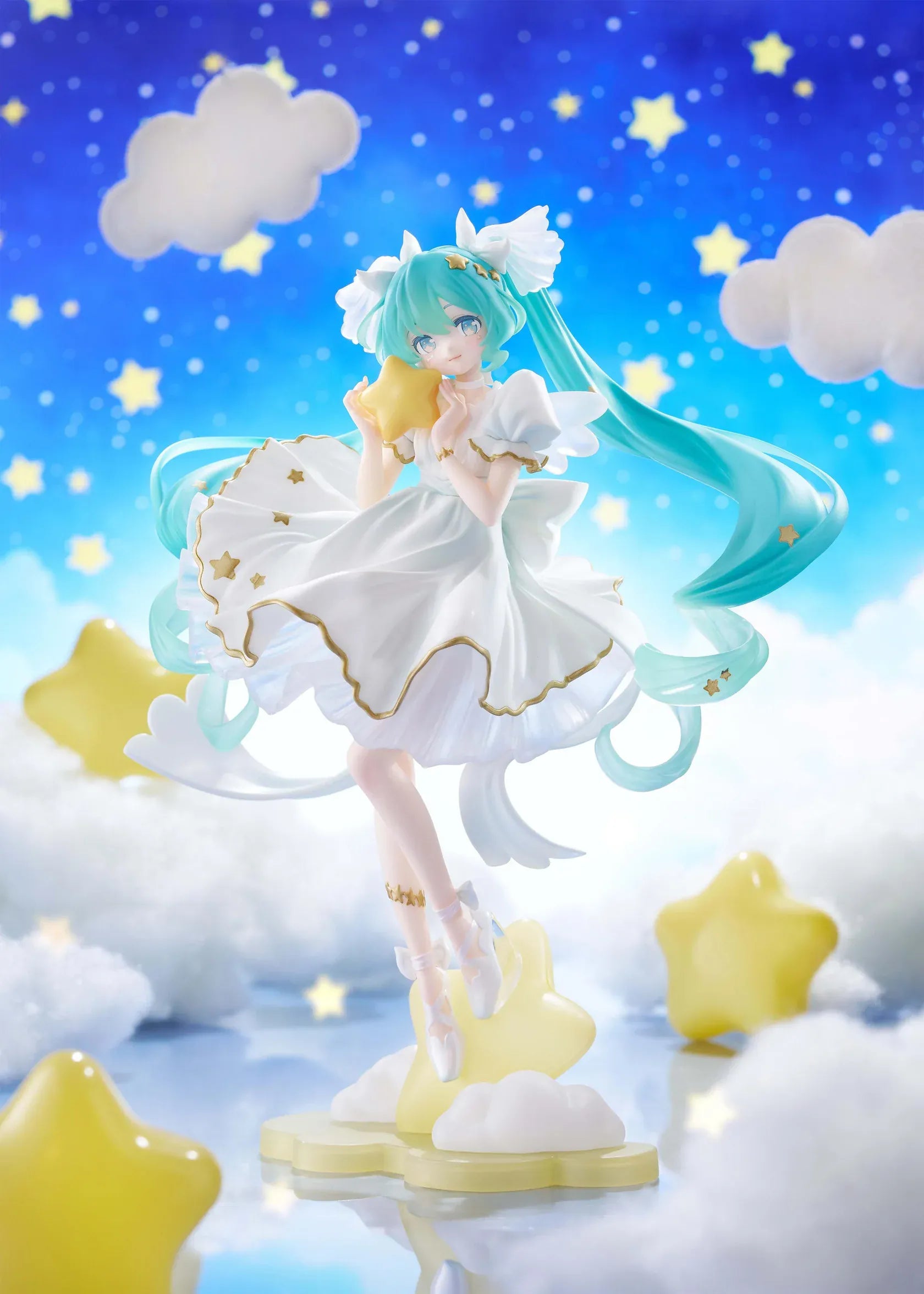 Vocaloid AMP+ Hatsune Miku Birthday 2026 Star Dreamy Ver figure featuring Hatsune Miku in a white dress standing on a star and cloud base