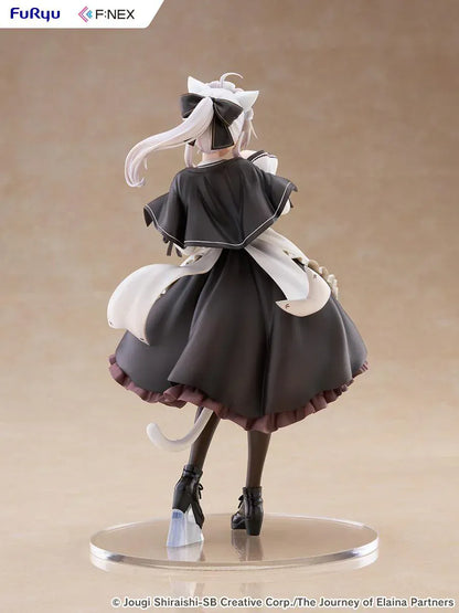 Elaina maid costume with cat ears scale figure from Wandering Witch, standing in a pawing pose with frilled monochrome dress and flowing twin-tail hair.