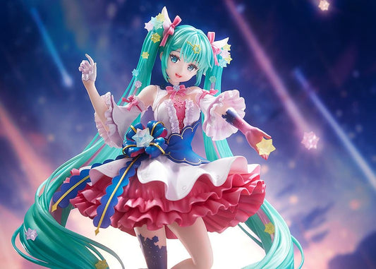 Hatsune Miku Rosuuri Ver. 1/7 scale figure with swirling turquoise twin tails, colorful stars, a pink and white ruffled dress, and a blue bow.