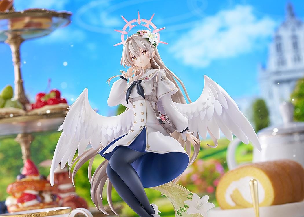 Blue Archive G.S. Collection Nagisa Radiance in Bloom 1/7 Scale Figure with white angel wings, floral halo, flowing uniform, and decorative crescent moon base
