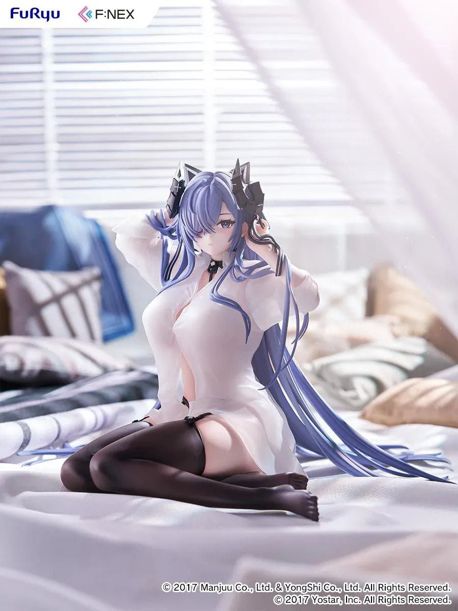 Azur Lane August von Parseval The Unhulde's Midday Respite 1/6 Scale Figure seated in white shirt with long blue hair and dark thigh-high stockings