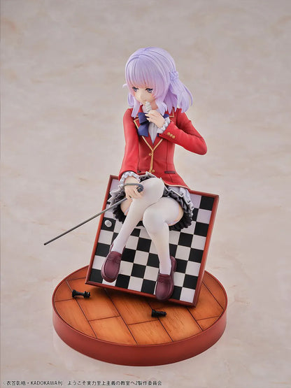 Classroom of the Elite Arisu Sakayanagi 1/7 Scale Figure featuring Arisu seated on a chessboard-style display with beret, red blazer, cane accessory, and round base.