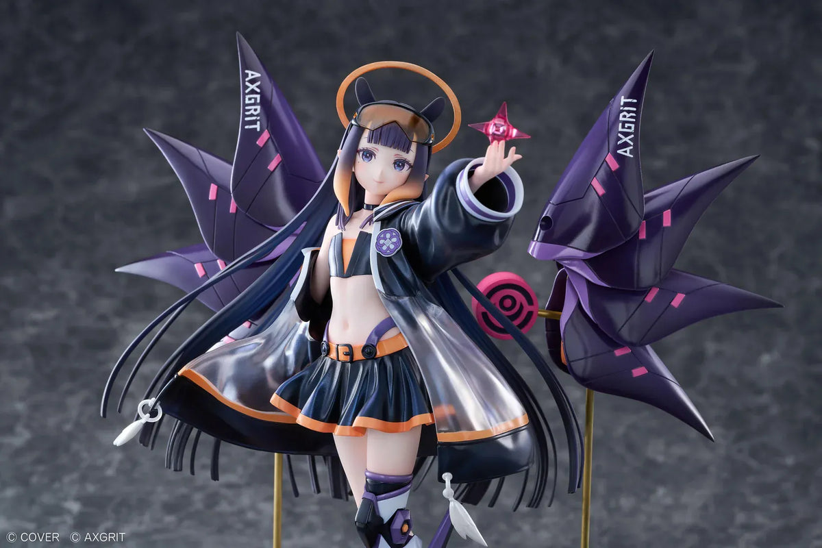 Ninomae Ina’nis AXGRIT Ver. figure with flowing dark hair, an oversized jacket, armored boots, purple mechanical elements, and orange rings above a circular base.