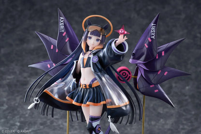 Ninomae Ina’nis AXGRIT Ver. figure with flowing dark hair, an oversized jacket, armored boots, purple mechanical elements, and orange rings above a circular base.