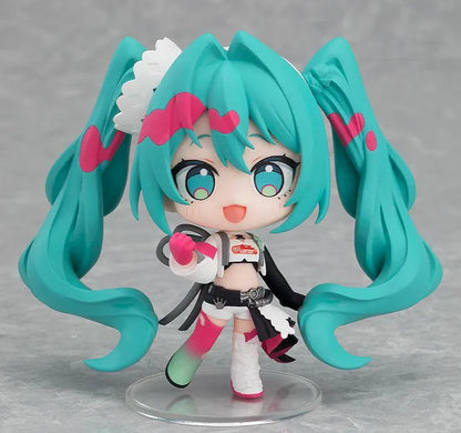 Eight featured Racing Miku All Stars Vol.2 chibi figure designs with turquoise twin-tails, varied outfits, crowns, flowers, goggles, and playful poses.
