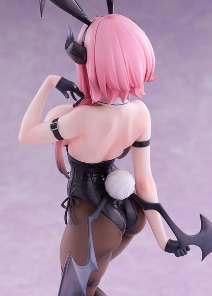 Stella Sora Bernina Bunny Ver. 1/7 Scale Figure featuring a pink-haired anime girl with reddish-pink eyes wearing a black corset-style bunny outfit, tall bunny ears, sheer tights, red heels, and bat-like wings on a purple display base.