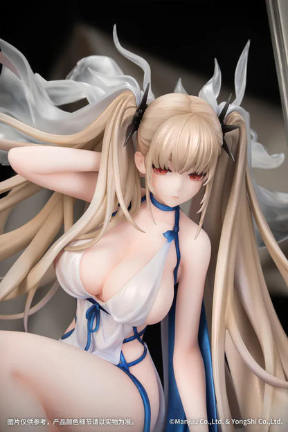 Azur Lane Formidable Anniversary Memories Ver. 1/7 Scale Figure featuring Formidable with long blonde hair, blue-and-white outfit, elegant seated pose, and mirror-style display base.
