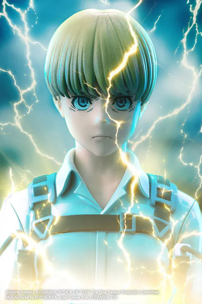 Armin Arlert The Final Season Ver. Oshi Works figure with blond hair, a gray shirt, black harness straps, and equipment on a rectangular black base.
