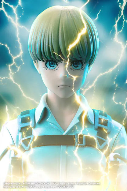 Armin Arlert The Final Season Ver. Oshi Works figure with blond hair, a gray shirt, black harness straps, and equipment on a rectangular black base.