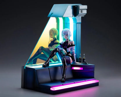 Cyberpunk Edgerunners Lucy 1/7 Scale Figure seated on a cyberpunk diorama base with blue translucent panel and neon details