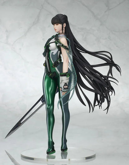 Stellar Blade Eve non-scale figure in a futuristic green and gray combat suit holding a long sword with flowing black hair
