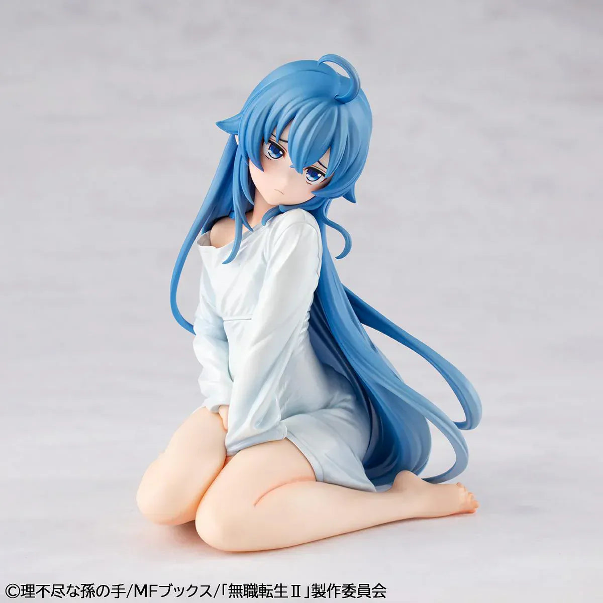 Mushoku Tensei Melty Princess Roxy Migurdia Peeping Ver. figure kneeling in oversized white shirt with long blue hair.