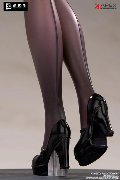 Zenless Zone Zero Limepie Yixuan Trails of Ink Ver. 1/8 Scale Figure by APEX Toys featuring a white-haired anime woman with golden eyes wearing a black outfit with white embroidered accents, sheer stockings, and black heels while holding a small brown bird on a circular display base.
