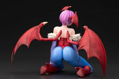Darkstalkers Lilith 1/7 Scale Figure featuring Lilith with purple hair, bat wing accents, red-and-blue outfit details, and a playful seated pose.