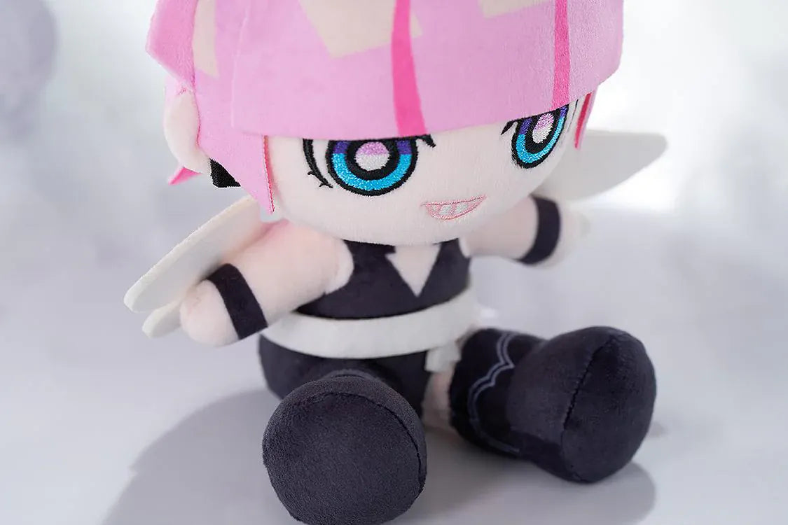 New PANTY & STOCKING with GARTERBELT Polyurethane Punipuni Plushie with pink hair, blue eyes, black outfit, wing details, and seated chibi plush design