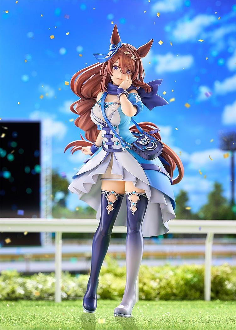 Umamusume Cinderella Gray Super Creek figure with flowing brown hair, a blue and white outfit, shoulder bag, and tall boots, posed with a hand against her cheek.