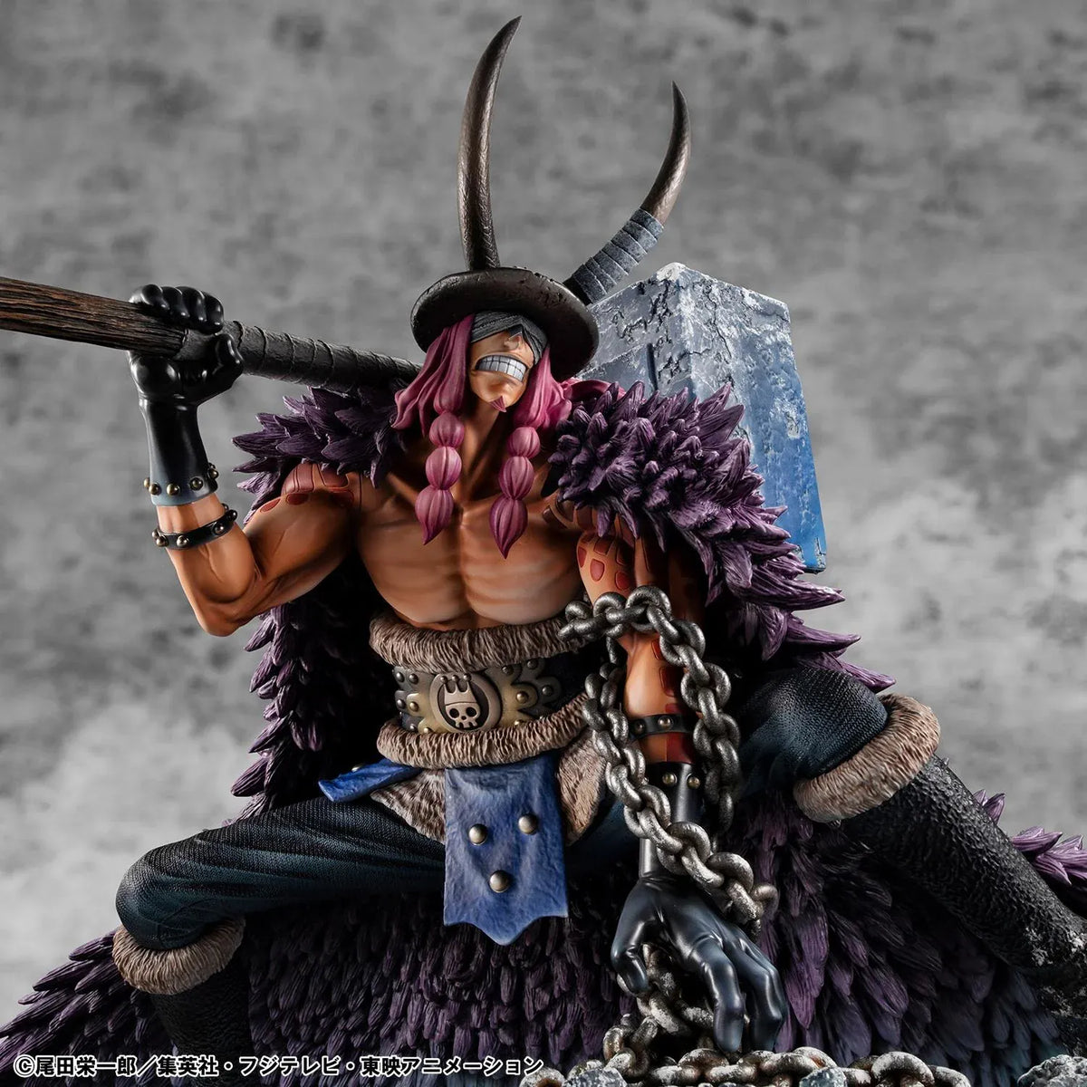 One Piece Portrait of Pirates ELB-Maximum Loki figure crouching with a massive hammer, horned helmet, pink braids, purple cloak, and chains on a rocky base.