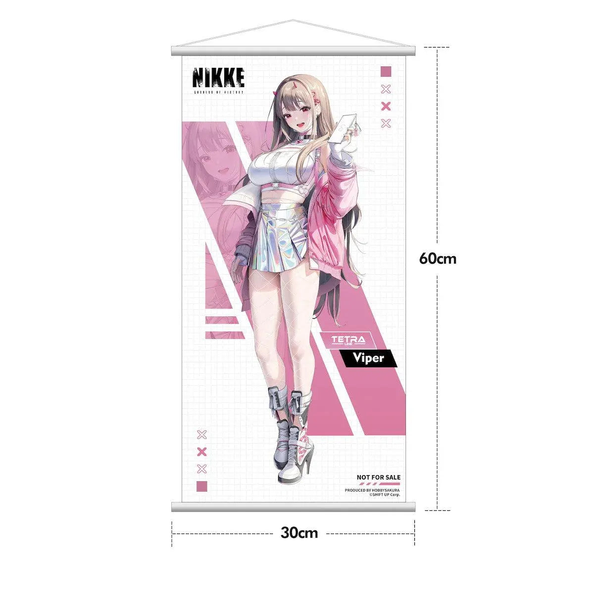 Viper Deluxe Edition 1/7 scale figure from Goddess of Victory Nikke wearing a pink jacket and stylish outfit with an illustrated wall scroll.