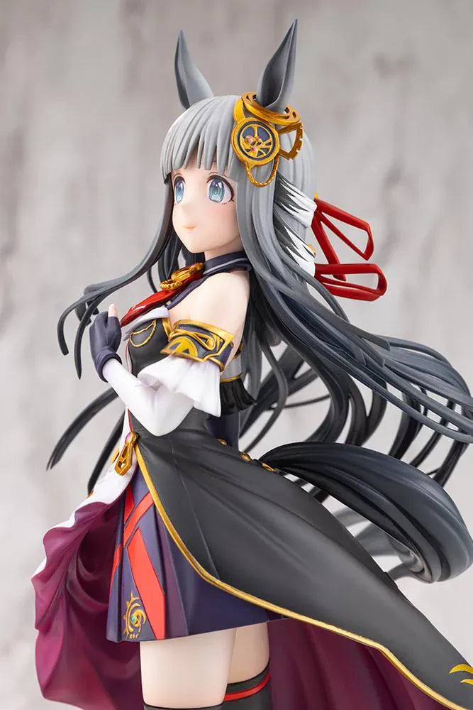 Umamusume Pretty Derby Chrono Genesis 1/7 Scale Figure featuring a silver-gray-haired horse girl with blue eyes, horse ears, and a flowing white, black, red, and gold racing outfit standing on a grassy display base.