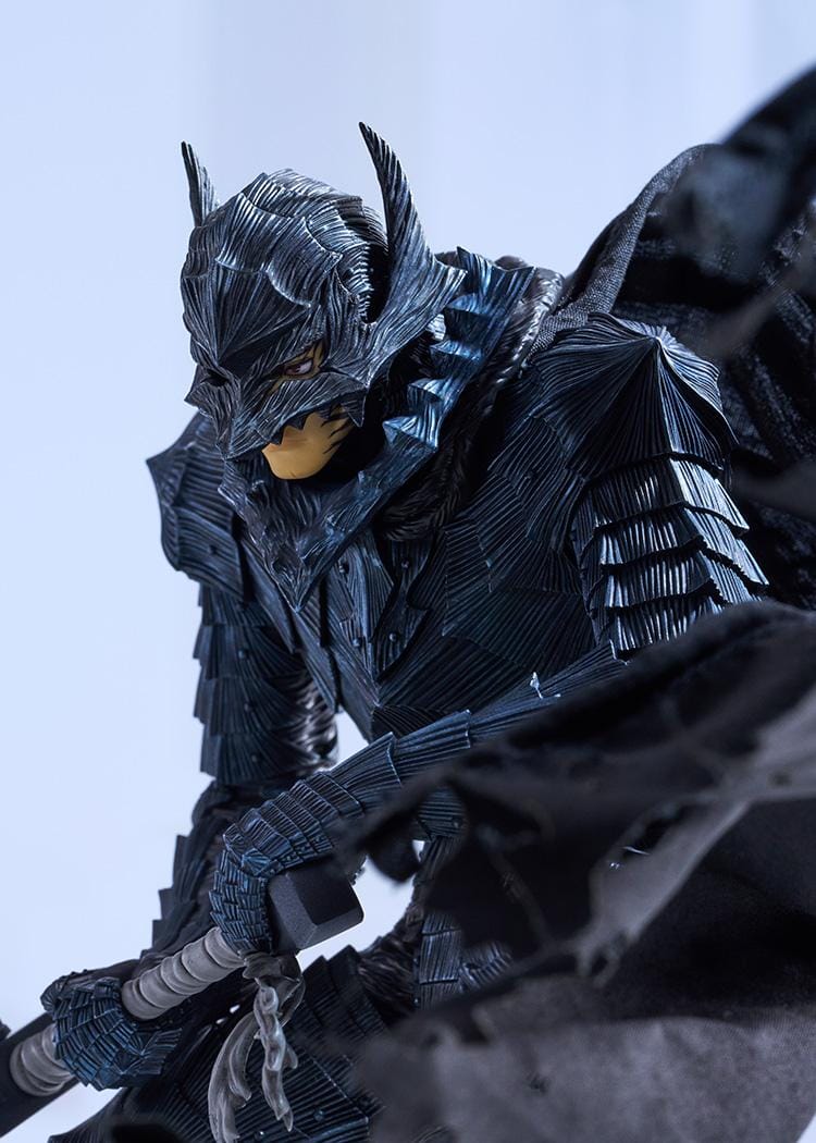 Berserk Guts and Griffith figure set, with Guts crouching in black armor holding a massive sword and Griffith standing in pale blue armor with flowing white hair.