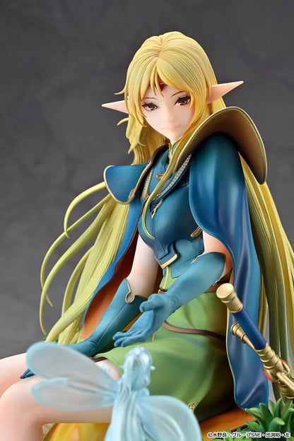 Record of Lodoss War Deedlit figure seated on a log in green clothing and blue armor, with flowing blonde hair, a winged companion, and a woodland base.