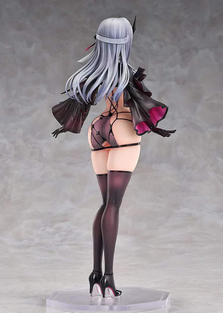 1/7 scale figure of Modernia from Goddess of Victory: Nikke in her Second Affection outfit, wearing a black coat with crimson lining and large mechanical wing units extending from her sides.