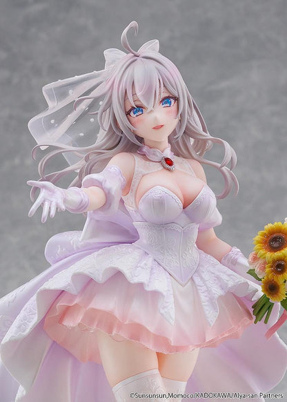 “KD Colle Alisa Mikhailovna Kujou Wedding Dress Ver. 1/7 Scale Figure standing in a flowing white and pink bridal gown holding a flower bouquet.”
