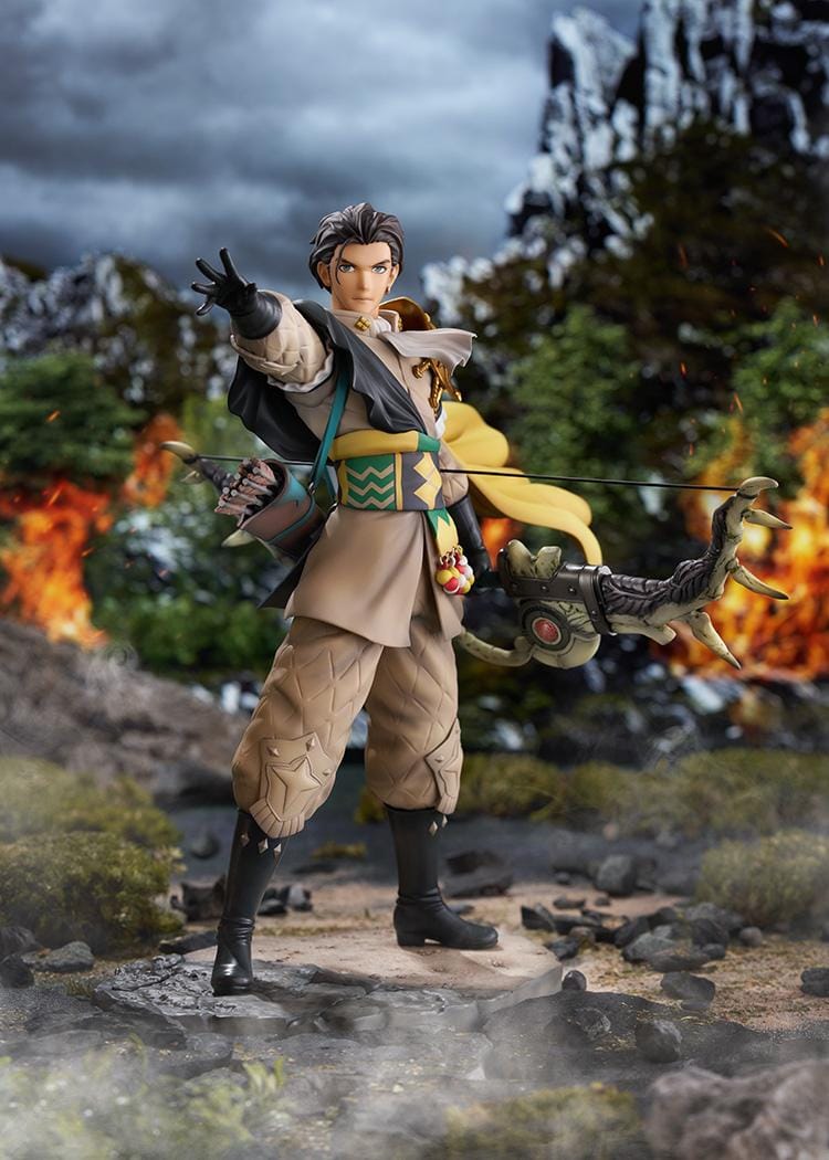 Fire Emblem Claude 1/7 Scale Figure with bow weapon, fantasy outfit, cape, extended hand pose, and rocky display base