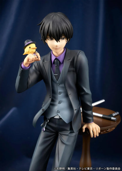 REBORN! Kyoya Hibari Scale Figure featuring a black-haired anime character wearing a black suit, purple shirt, gray vest, and tie, leaning against a wooden table with tonfa weapons while holding his yellow bird companion Hibird.
