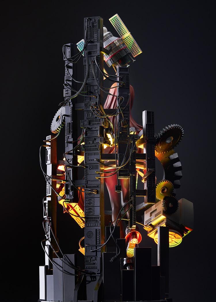 Kurisu Makise 1/7 scale figure surrounded by gears, binary-patterned panels, a satellite, retro monitor, and computer equipment with red-orange accents.