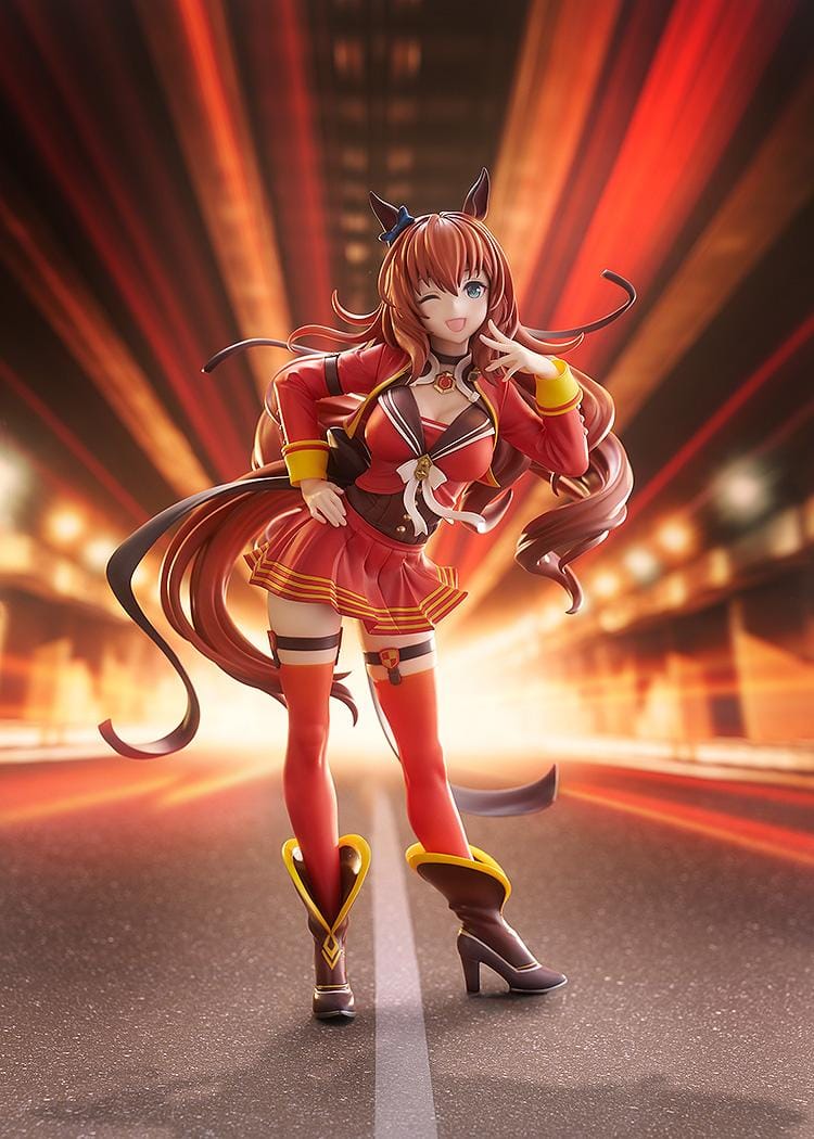 1/7 scale Uma Musume: Pretty Derby Maruzensky Signature Racewear Ver. figure, winking and posing in a red race uniform with long flowing brown hair and decorative horseshoe base.
