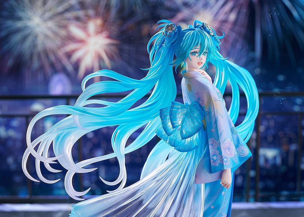 Vocaloid Hatsune Miku Music and Fire Works Ver 1/7 Scale Figure wearing a blue yukata with flowing turquoise twin tails and fireworks display base